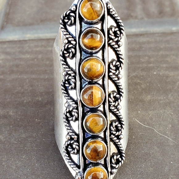 New 7 Stone Tiger Eye Adjustable Silver Statement Ring. - Picture 11 of 15